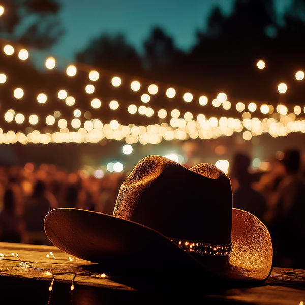 hat-i-gaardhaven-600×600 - Longhorn CPH Cowboy hat resting on a wooden table at night, with warm string lights and a blurry crowd in the background.
